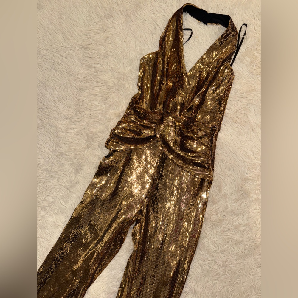 NEW NADINE MERABI Tianna Sequin Halter Flare Gold Jumpsuit sz 4 - Picture 5 of 8